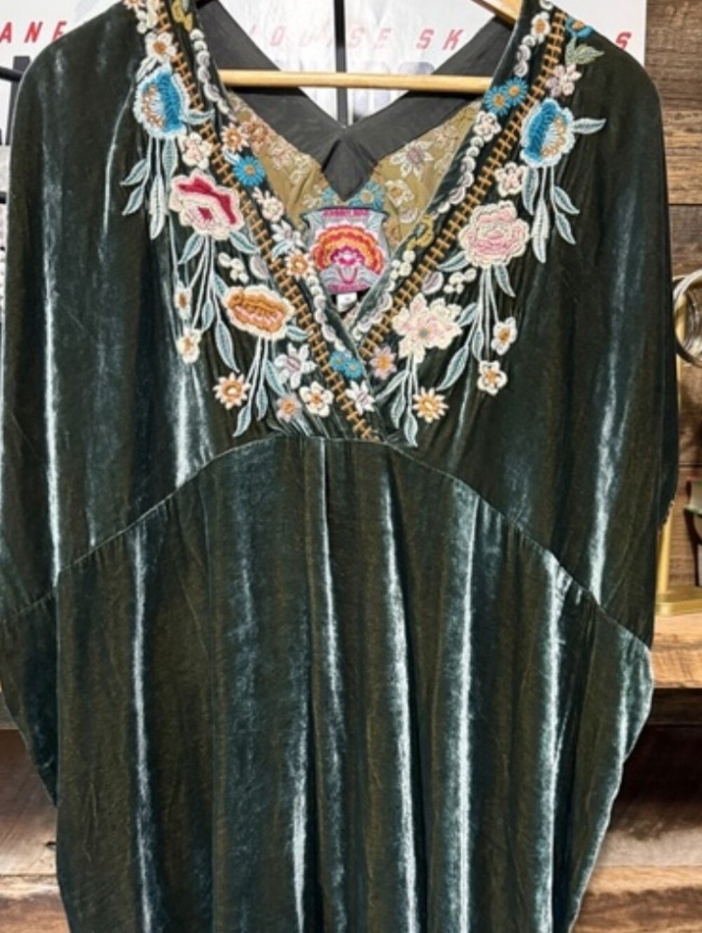 Johnny Was Size Large Velvet Embroidered Maxi Dress Emerald Green